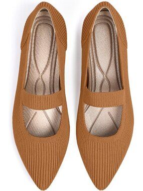 Women's Brown Knit Mary Jane Flats Pointed Toe Pull On Comfortable Flats Shoes